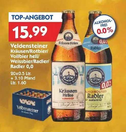 Veldensteiner Kräusen/Rotbier/Vollbier hell/Weißbier/Radler 0,0%