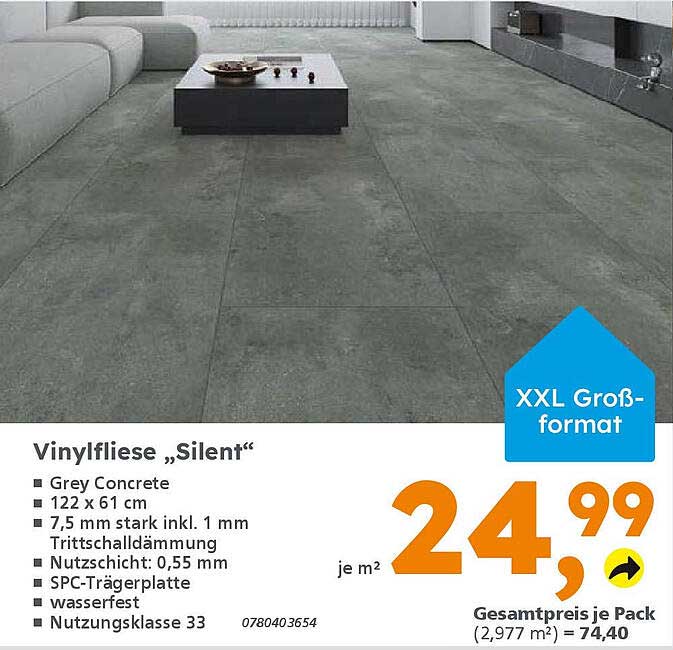 Vinylfliese „Silent“ Grey Concrete 122 x 61 cm