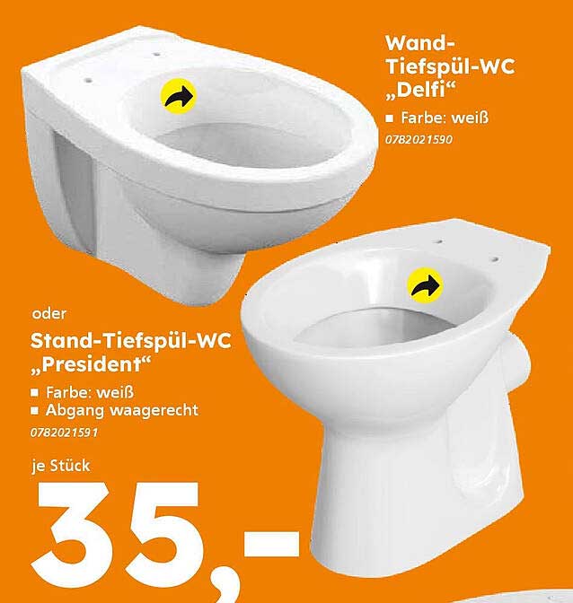 Wand-Tiefspül-WC „Delfi“ oder Stand-Tiefspül-WC „President“