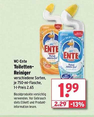 WC-Ente Toiletten-Reiniger verschiedene Sorten, je 750-ml-Flasche