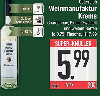 Weinmanufaktur Krems Chardonnay, Blauer Zweigelt und weitere Sorten je 0,75l Flasche