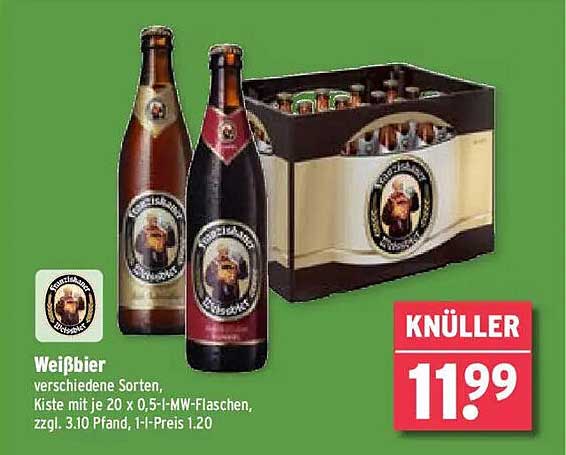 Weißbier verschiedene Sorten, Kiste mit je 20 x 0,5-l-MW-Flaschen