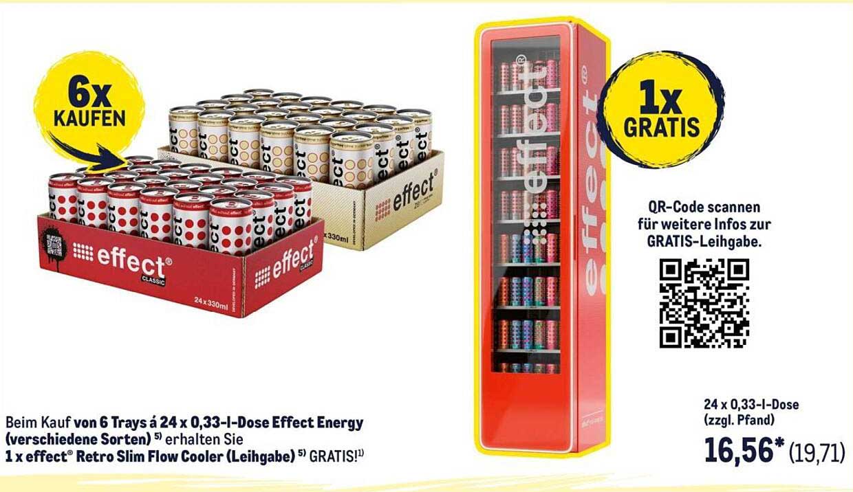 Beim Kauf von 6 Trays à 24 x 0,33-l-Dose Effect Energy (verschiedene Sorten) erhalten Sie 1 x effect Retro Slim Flow Cooler (Leihgabe) GRATIS!