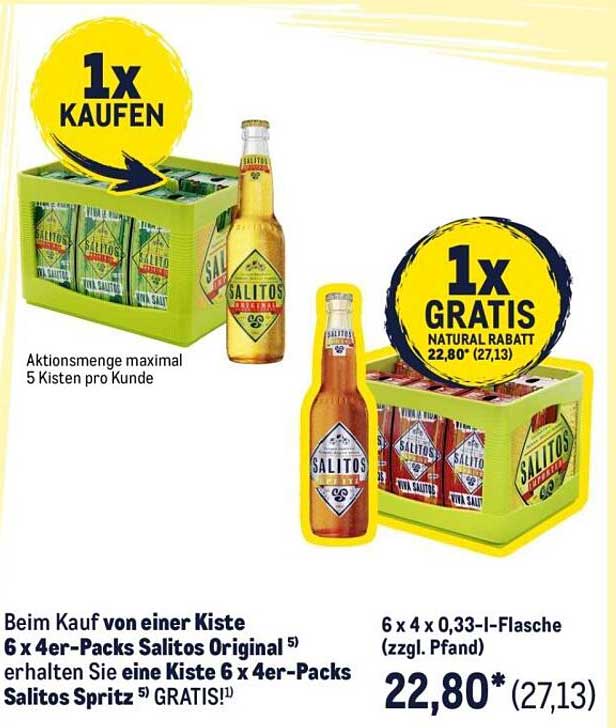 Beim Kauf von einer Kiste 6 x 4er-Packs Salitos Original erhalten Sie eine Kiste 6 x 4er-Packs Salitos Spritz GRATIS!