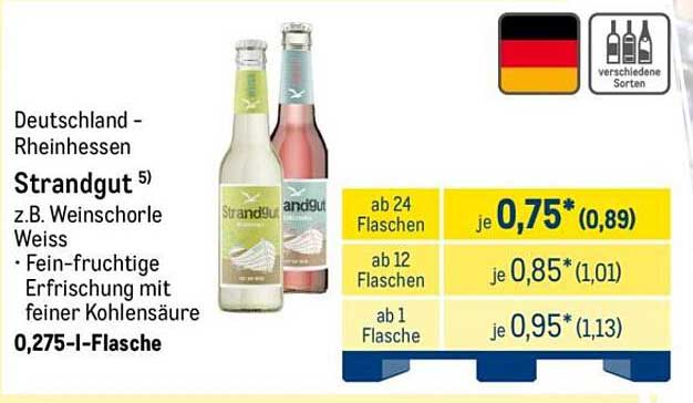 Strandgut 5) z.B. Weinschorle Weiss • Fein-fruchtige Erfrischung mit feiner Kohlensäure 0,275-l-Flasche