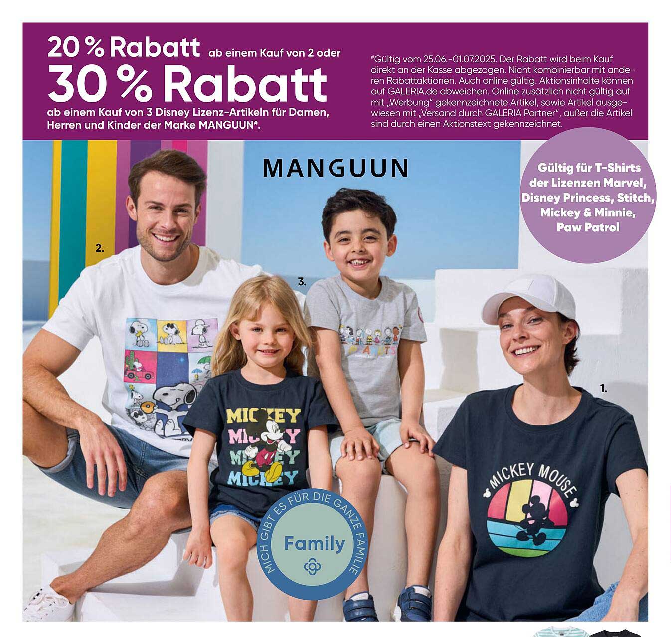 20% Rabatt ab einem Kauf von 2 oder 30% Rabatt ab einem Kauf von 3 Disney Lizenz-Artikeln für Damen, Herren und Kinder der Marke MANGUUN
