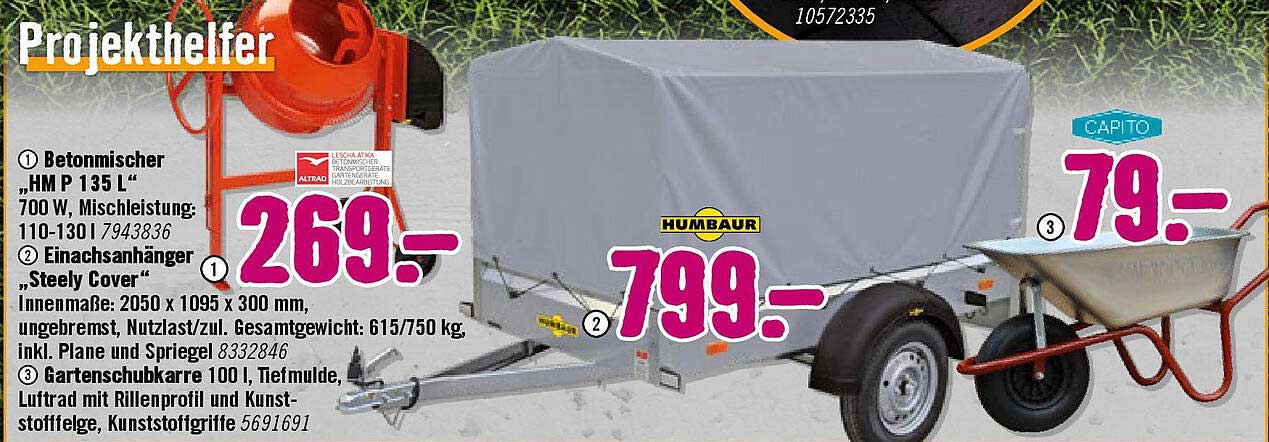 Betonmischer HM P 135 L 700 W und Einachshänger 'Steely Cover'