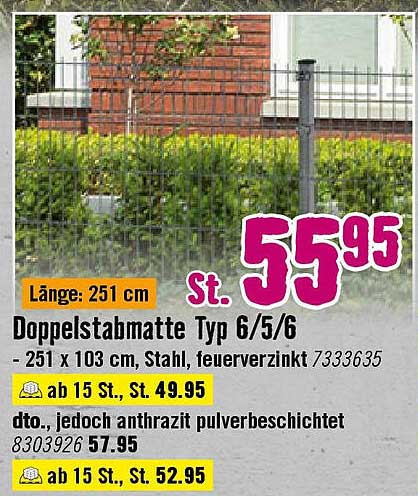 Doppelstabmatte Typ 6/5/6 - 251 x 103 cm, Stahl, feuerverzinkt