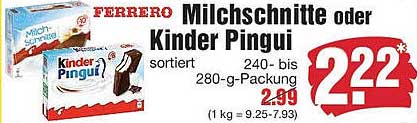 FERRERO Milchschnitte oder Kinder Pingui, sortiert, 240- bis 280-g-Packung