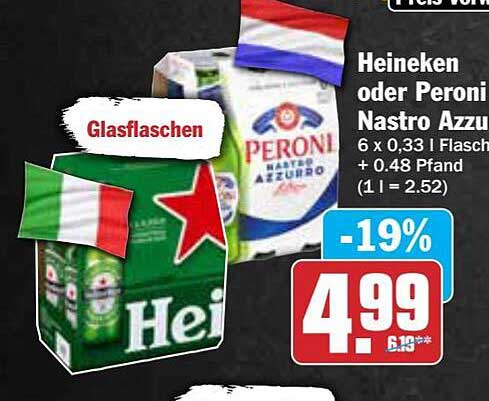 Heineken oder Peroni Nastro Azzurro – 6 x 0,33 l Flaschen