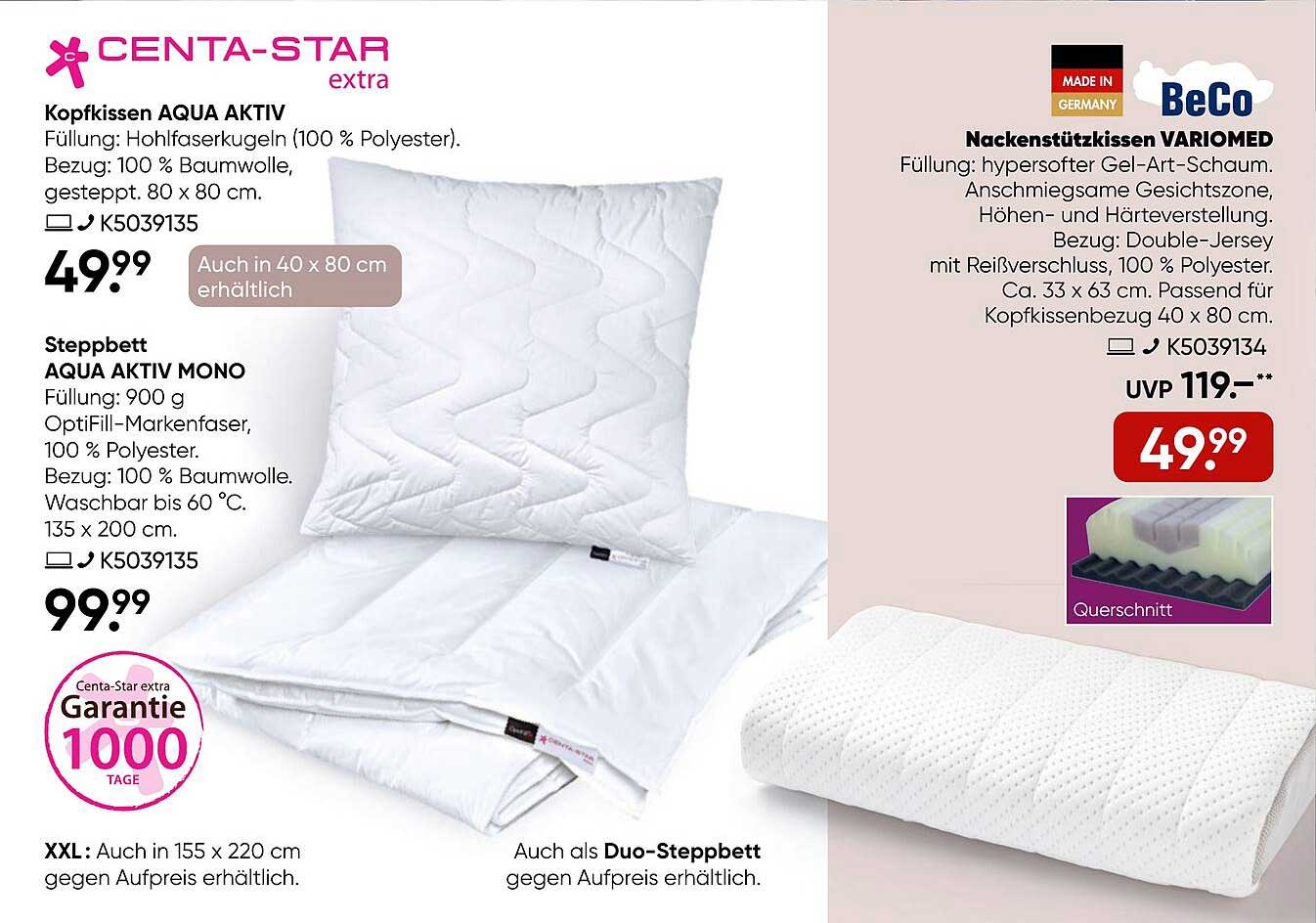 Kopfkissen AQUA AKTIV und Nackenstützkissen VARIOMED - Schlafkomfort der Extraklasse