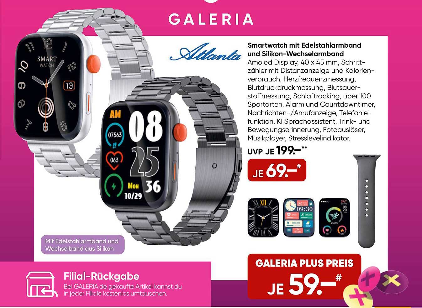 Smartwatch mit Edelstahlarmband und Silikon-Wechselband