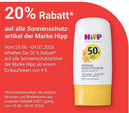 20% Rabatt* auf alle Sonnenschutzartikel der Marke Hipp
