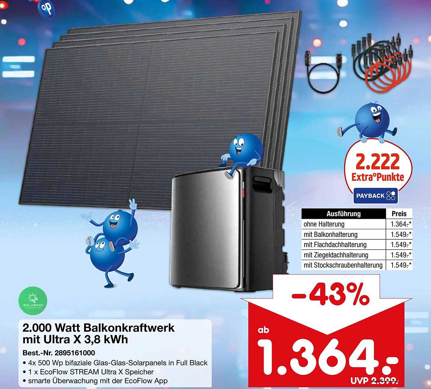 2.000 Watt Balkonkraftwerk mit Ultra X 3,8 kWh