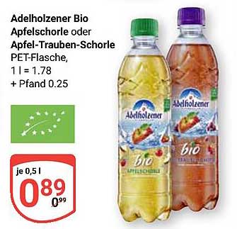 Adelholzener Bio Apfelschorle oder Apfel-Trauben-Schorle PET-Flasche, 1 l = 1.78 + Pfand 0.25