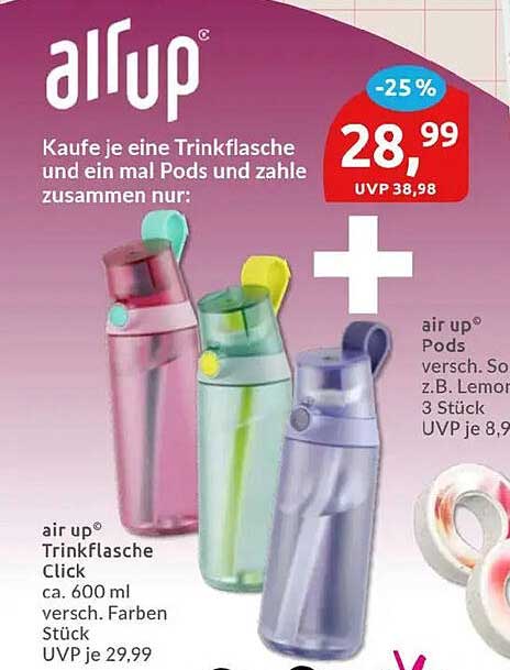 air up Trinkflasche Click ca. 600 ml versch. Farben Stück UVP je 29,99 + air up Pods versch. Sort. z.B. Lemon 3 Stück UVP je 8,99