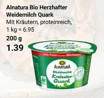 Alnatura Bio Herzafter Weidemilch Quark Mit Kräutern, proteinreich, 1 kg = 6.95 200 g