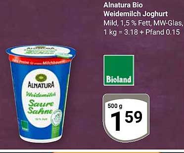 Alnatura Bio Weidemilch Joghurt Mild, 1,5 % Fett, MW-Glas, 1 kg = 3.18 + Pfand 0.15