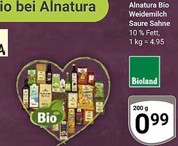 Alnatura Bio Weidemilch Saure Sahne 10 % Fett, 1 kg = 4.95
