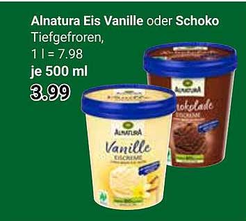 Alnatura Eis Vanille oder Schoko Tiefgefroren, 1 l = 7.98 je 500 ml