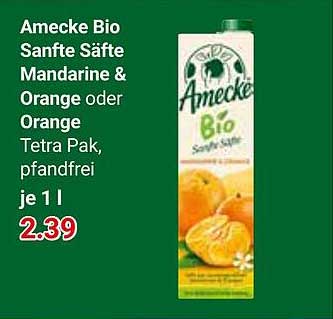 Amecke Bio Sanfte Säfte Mandarine & Orange oder Orange Tetra Pak, pfandfrei je 1 l