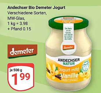 Andechser Bio Demeter Joghurt Verschiedene Sorten, MW-Glas, 1 kg = 3.98 + Pfand 0.15