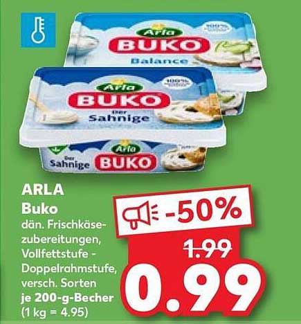 ARLA Buko dän. Frischkäse-zubereitungen, Vollfettstufe - Doppelrahmstufe, versch. Sorten je 200-g-Becher (1 kg = 4.95)
