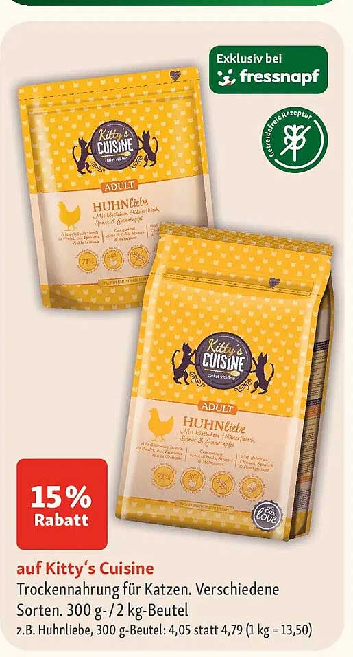 auf Kitty's Cuisine Trocken­nahrung für Katzen, Verschiedene Sorten, 300 g- / 2 kg-Beutel