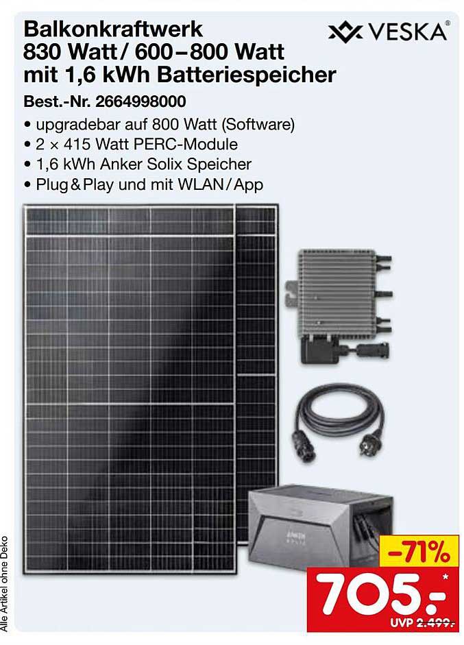 Balkonkraftwerk 830 Watt/ 600–800 Watt mit 1,6 kWh Batteriespeicher