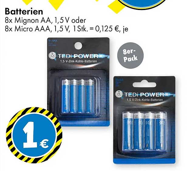 Batterien 8x Mignon AA, 1,5 V oder 8x Micro AAA, 1,5 V, 1 Stk. = 0,125 €, je 8er-Pack
