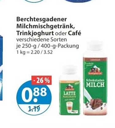 Berchtesgadener Milchmischgetränk, Trinkjoghurt oder Café verschiedene Sorten je 250-g / 400-g-Packung 1 kg = 2.20 / 3.52