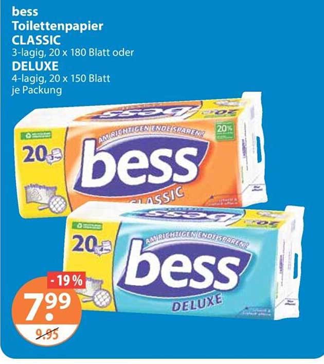 bess Toilettenpapier CLASSIC 3-lagig, 20 x 180 Blatt oder DELUXE 4-lagig, 20 x 150 Blatt je Packung