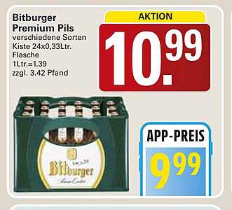 Bitburger Premium Pils verschiedene Sorten Kiste 24x0,33Ltr. Flasche 1Ltr.=1.39 zzgl. 3.42 Pfand
