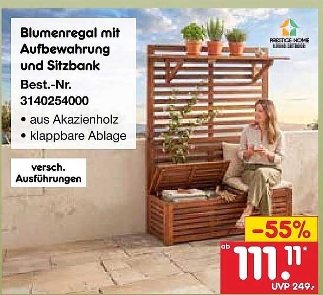 Blumenregal mit Aufbewahrung und Sitzbank