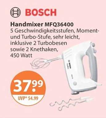 Bosch Handmixer MFQ36400 5 Geschwindigkeitsstufen, Moment- und Turbo-Stufe, sehr leicht, inklusive 2 Turbobesen sowie 2 Knethaken, 450 Watt