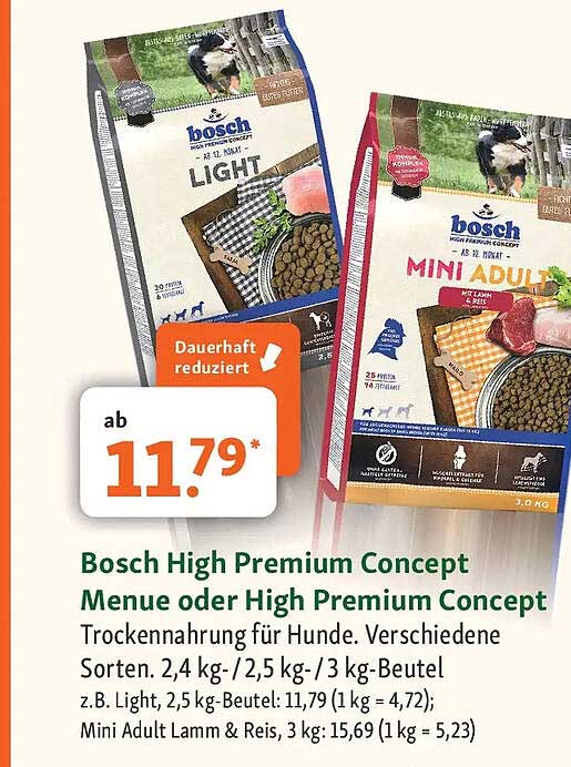 Bosch High Premium Concept Menue oder High Premium Concept Trockennahrung für Hunde. Verschiedene Sorten. 2,4 kg- /2,5 kg- /3 kg-Beutel