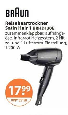 BRAUN Reisehaartrockner Satin Hair 1 BRHD130E zusammenklappbar, aufhänge-öse, Infrarot Heizsystem, 2 Hitze- und 1 Luftstrom-Einstellung, 1.200 W