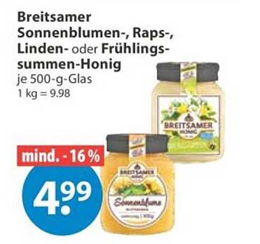 Breitsamer Sonnenblumen-, Raps-, Linden- oder Frühlings-summen-Honig je 500-g-Glas 1 kg = 9.98