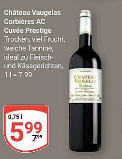 Château Vaugelas Corbières AC Cuvée Prestige Trocken, viel Frucht, weiche Tannine, ideal zu Fleisch- und Käsegerichten, 1 l = 7.99