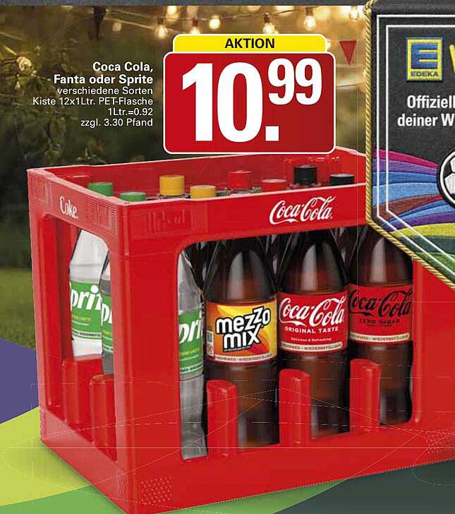 Coca Cola, Fanta oder Sprite verschiedene Sorten Kiste 12x1Ltr. PET-Flasche 1Ltr.=0.92 zzgl. 3.30 Pfand