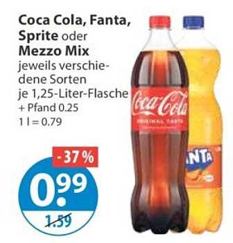Coca Cola, Fanta, Sprite oder Mezzo Mix jeweils verschiedene Sorten je 1,25-Liter-Flasche + Pfand 0.25 1 l = 0.79
