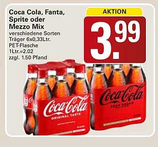 Coca Cola, Fanta, Sprite oder Mezzo Mix verschiedene Sorten Träger 6x0,33Ltr. PET-Flasche 1Ltr.=2.02 zzgl. 1.50 Pfand