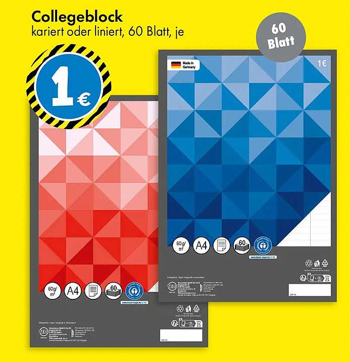 Collegeblock kariert oder liniert, 60 Blatt, je