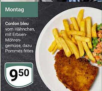 Cordon bleu vom Hähnchen, mit Erbsen-Möhren-gemüse, dazu Pommes frites