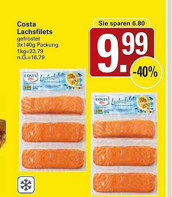Costa Lachsfilets gefrostet 3x140g Packung 1kg=23.79 n.G.=16.79