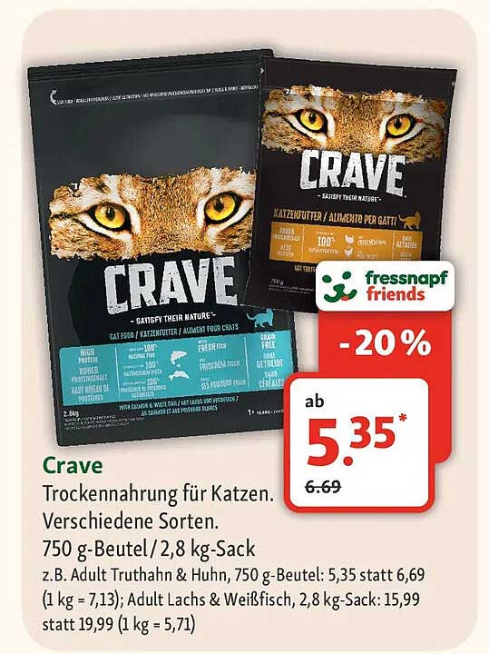 Crave Trockennahrung für Katzen. Verschiedene Sorten. 750 g-Beutel/ 2,8 kg-Sack