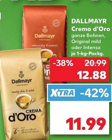 DALLMAYR Crema d’Oro ganze Bohnen, Original mild oder Intensa je 1-kg-Packg.