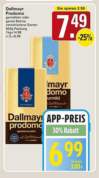 Dallmayr Prodomo gemahlen oder ganze Bohne, verschiedene Sorten 500g Packung