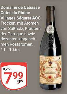 Domaine de Cabasse Côtes du Rhône Villages Séguret AOC Trocken, mit Aromen von Süßholz, Kräutern der Garrigue sowie dezenten, angenehmen Röstaromen, 1 l
