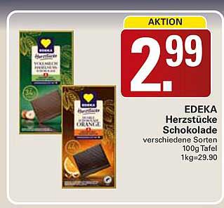 EDEKA Herzstücke Schokolade verschiedene Sorten 100g Tafel 1kg=29.90